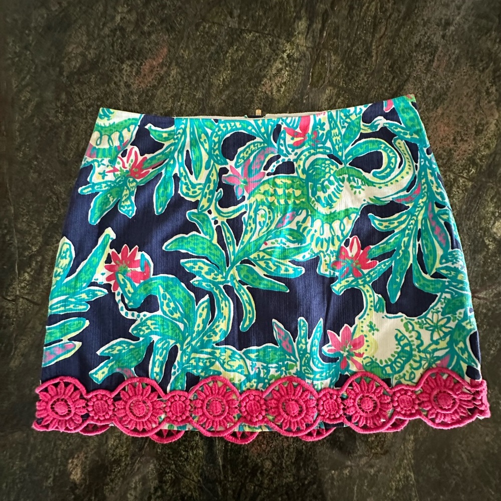 Lilly Pulitzer Tate Skirt Trunk Show Elephant SZ 2 navy reddish pink teal